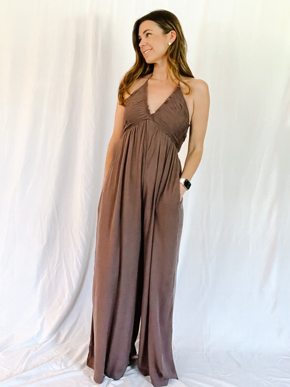 Mustard Seed Chocolate Brown Halter Wide-Leg Jumpsuit